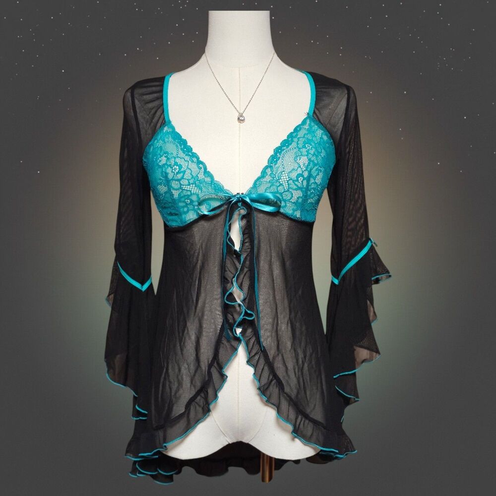 Escante Collection Black Teal Lace Mesh Babydoll Bell Sleeve Ruffle Top Small